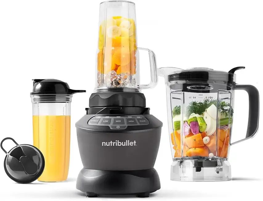 Full-Size Blender Combo, Single-Serve & Large Capacity, 1200W, 64oz Pitcher, 32oz Cup, Extractor Blade, 3-Speed, Pulse, Smoothies, Soups, Sauces, Easy Cleaning, Dark Gray, NBF50500