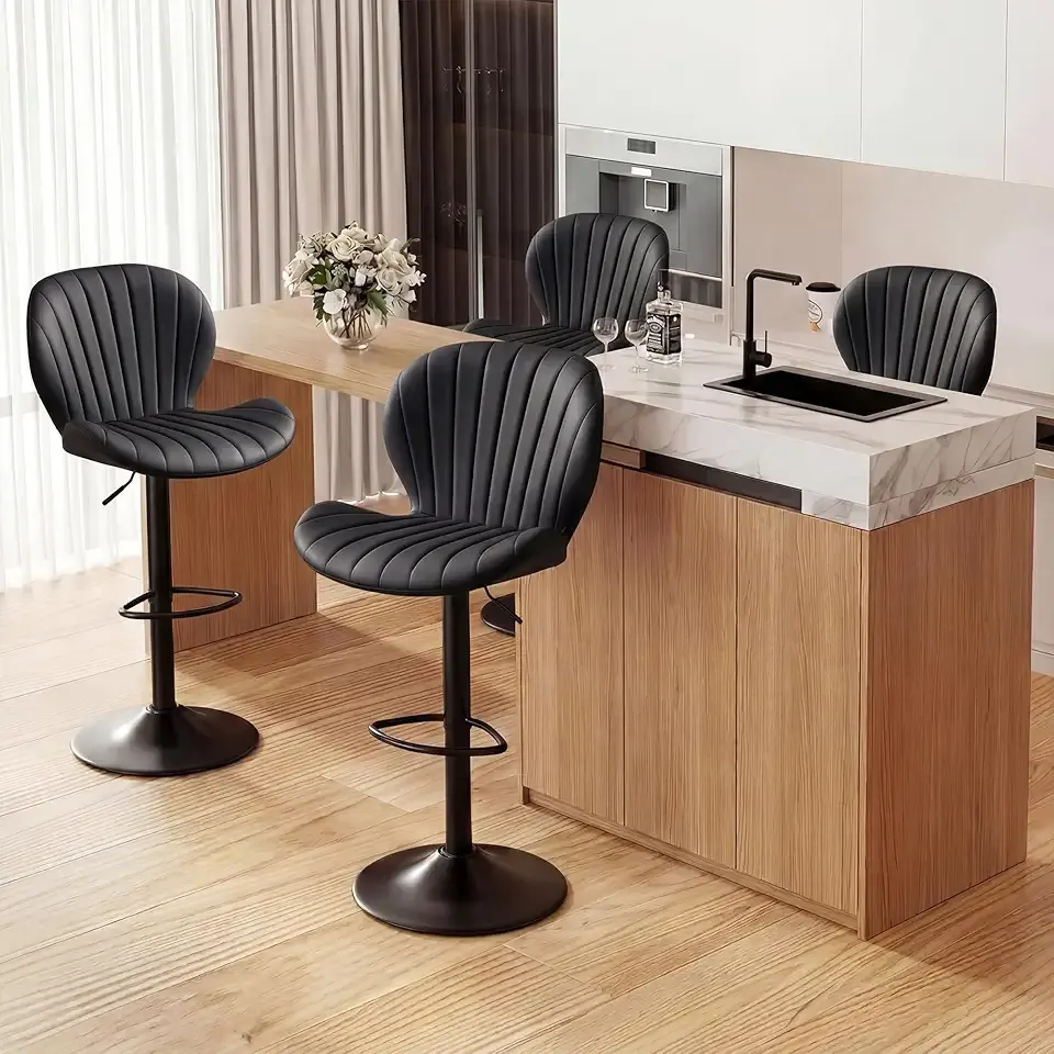 GRUSIGN Bar Stools Set of 4, Modern Swivel Adjustable Bar Chairs, Faux Leather Upholstered Counter Height Bar Stools with Backrest, Comfort Barstools for Kitchen Island, Home Bar, Black