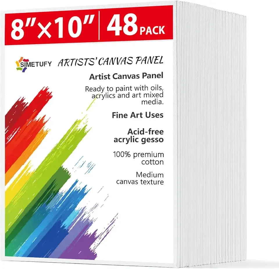 Simetufy 48 Pack 8 x 10 inch Canvas Boards for Painting Canvas Panels - Gesso Primed Acid-Free 100% Cotton for Acrylics Oil Watercolor Tempera Paints