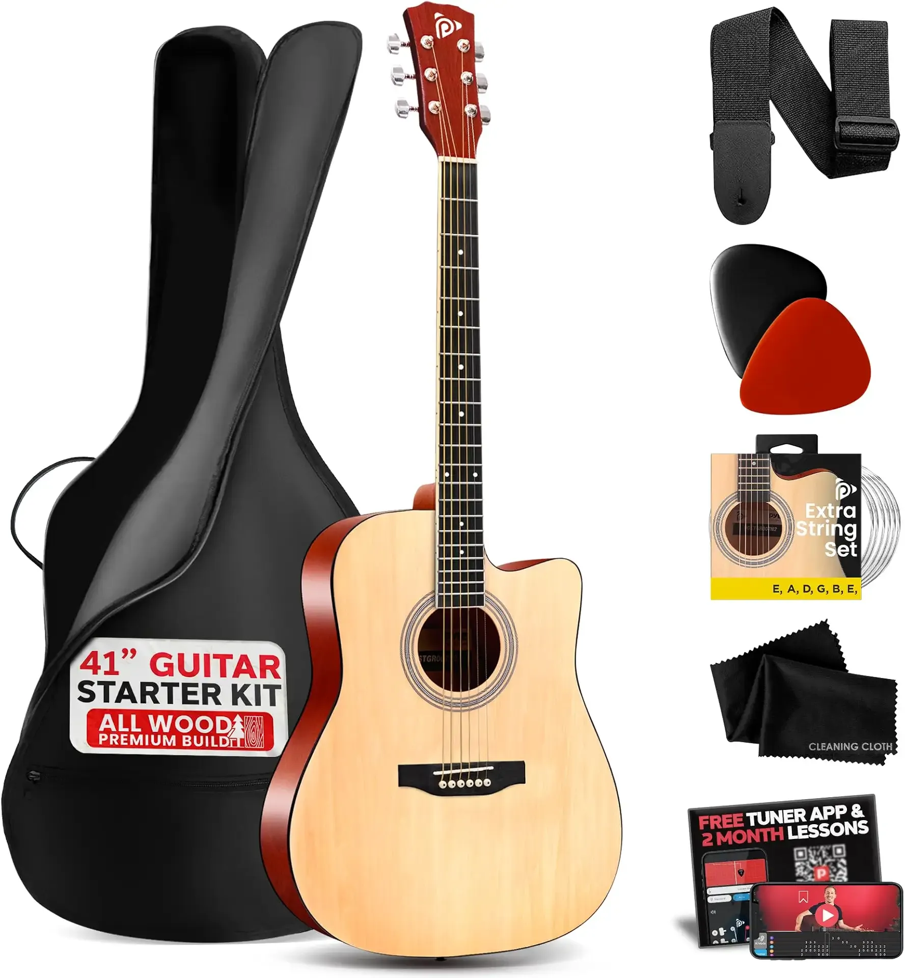 Pyle Steel String Acoustic Guitar Kit, 4/4 Full Size Cutaway All-Wood Guitarra Acustica with Premium Accessory Set and Upgraded Gig Bag, 41" Natural Glossy