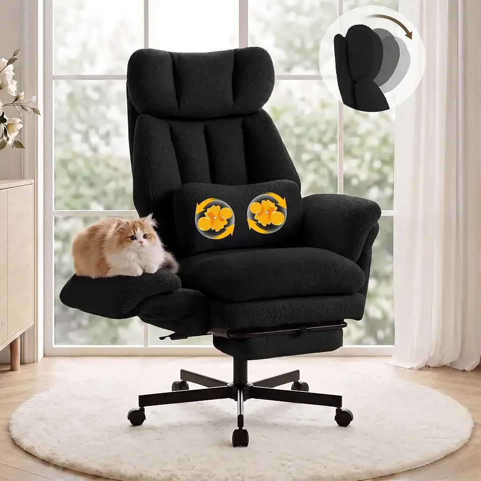 3D Kneading Massage Office Chair with Footrest, Criss Cross Chair with Arms | Reclining Computer Game Chair with Adjustable Headrest, Lumbar Pillow & Spring Seat, Executive Desk Chairs, Teddy Black
