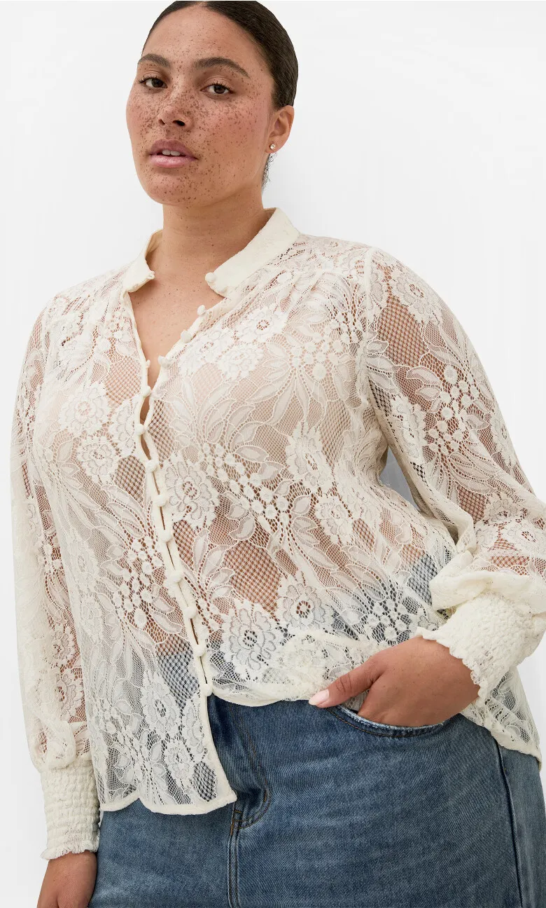 Liv Sheer Lace Long Sleeve Blouse - ivory