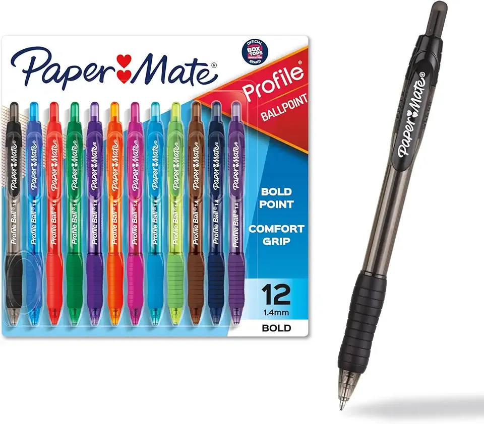 Paper Mate Profile Retractable Ballpoint Pens Bold, 1.4mm, Assorted Colors, 12 Count - Back to School, Home, Office, Teacher Supplies