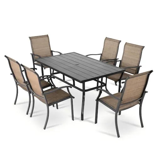 Nuu Garden Brown 7-Piece Textilene and Iron Outdoor Dining Set, 6 Dining Chairs and Rectangle Dining Table with Umbrella Hole