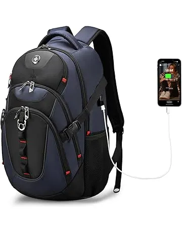 Swissdigital Design Laptop Backpack with USB Charging Port, Travel Backpack Fits 15.6 inches Computer, 31L College School Backpack for Men, Blue/Black | SD803-12