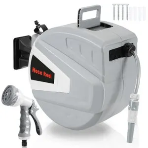 Avvolgitubo 30+2m Pressione 8 Bar con Pistola Acqua (9 Modalità Getto Regolabili) Rientro Pneumatico Automatico Girevole 180°