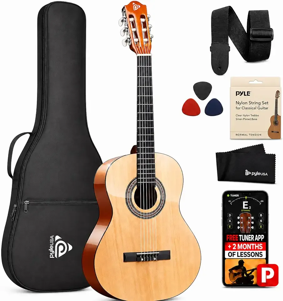 Pyle Beginner Acoustic Guitar Kit, 4/4 Full Size All Wood Instrument with Full Accessory Kit, Picks, Shoulder Strap, Carry Case, Cleaning Cloth, Tuner App, 2 Month Lessons, 39”