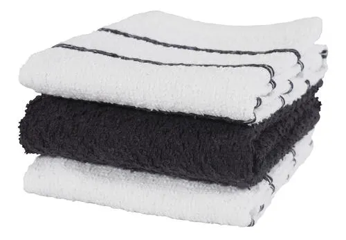 Set of 3 Striped Terry Kitchen Towels - Black