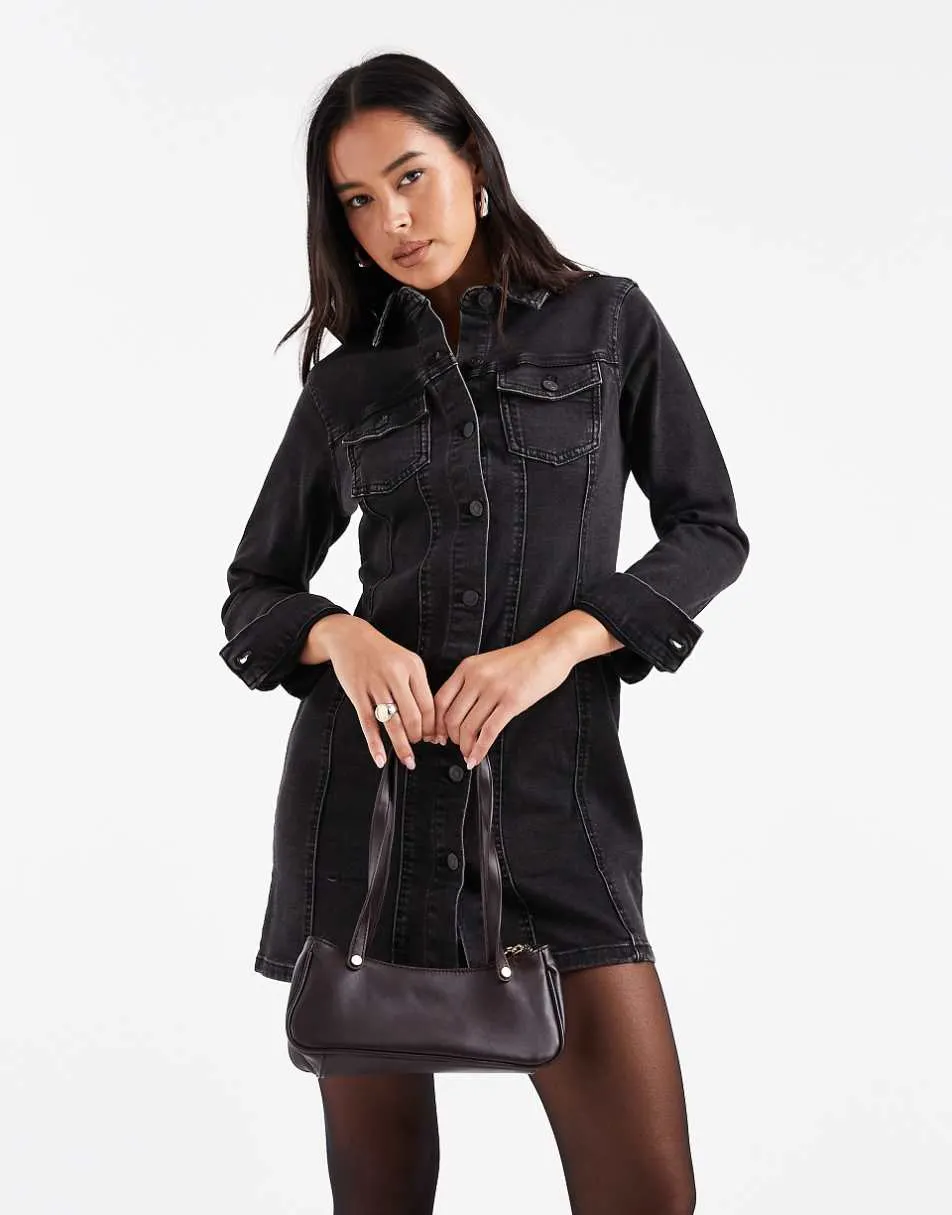 ASOS DESIGN denim long sleeve fitted shirt dress in black