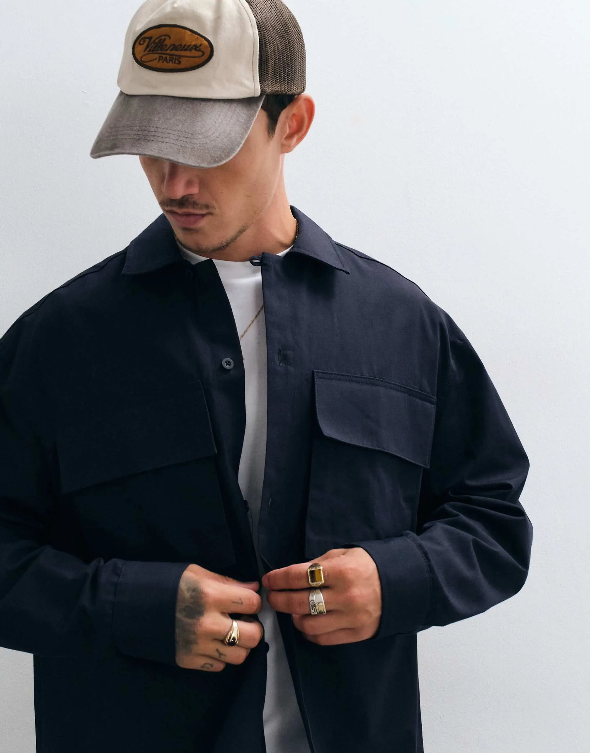 ASOS DESIGN oversized shirt with cargo pockets in navy