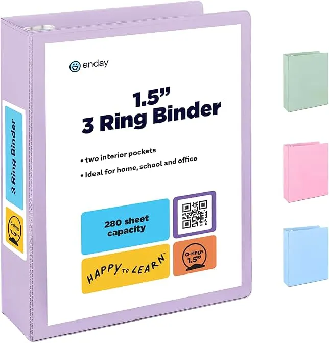 Enday 1.5 Inch Binder, Purple - 1.5 Inch 3 Ring Binder, Round Ring Pastel with Clear View Cover for Letter Size 8.5 x 11'' Paper & 2 Inside Pockets, Ideal for School Supplies, Office, and Home