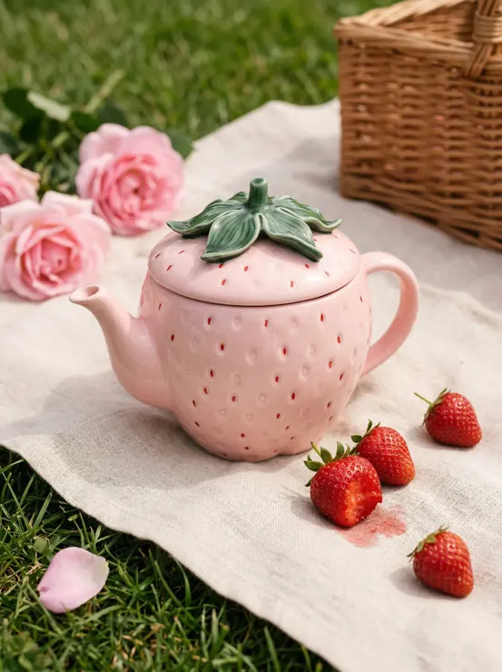 Pink strawberry teapot with lid