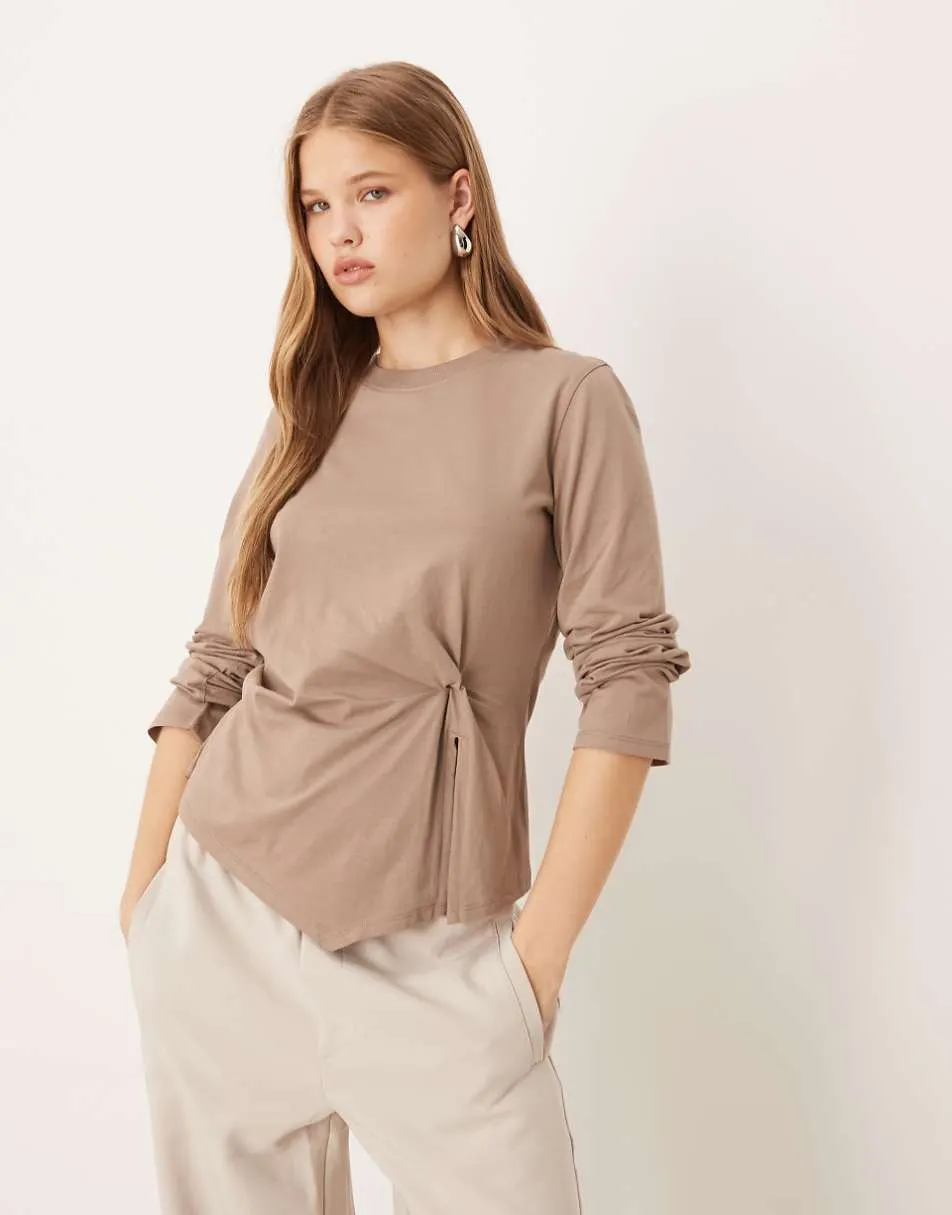ASOS DESIGN knot detail long sleeve top in mocha