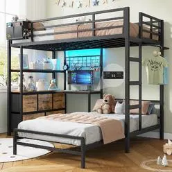 Dictac Bunk Bed With L-Shaped Desk,5 Storage Drawers And 2 Shelves Metal Twin Xl Ove...