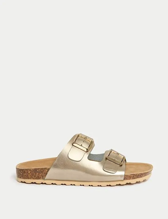 Leather Metallic Buckle Footbed Mules