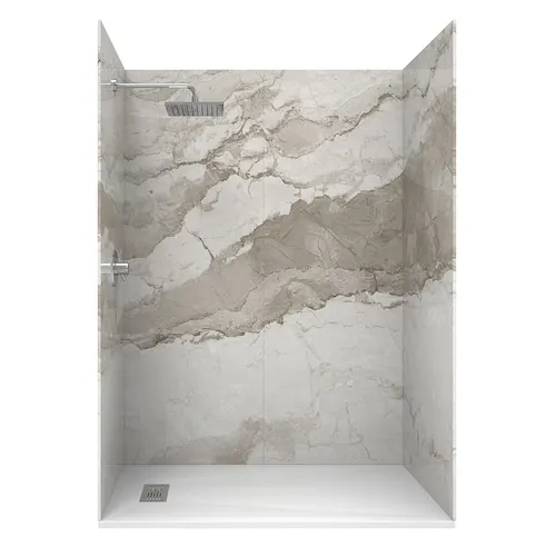 60 L x 32 W x 84 H" Solid Composite Stone Shower Kit- Italian Beige Walls and L/R WH Sand Shower Pan