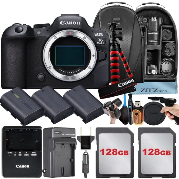 Canon EOS R6 Mark II Mirrorless Camera (Body Only) with 2 Pack 128GB Memory Card + 3 Pieces Battery + Backpack + Tripod + ZeeTech Accessory Bundle (International Version) $1,784.99