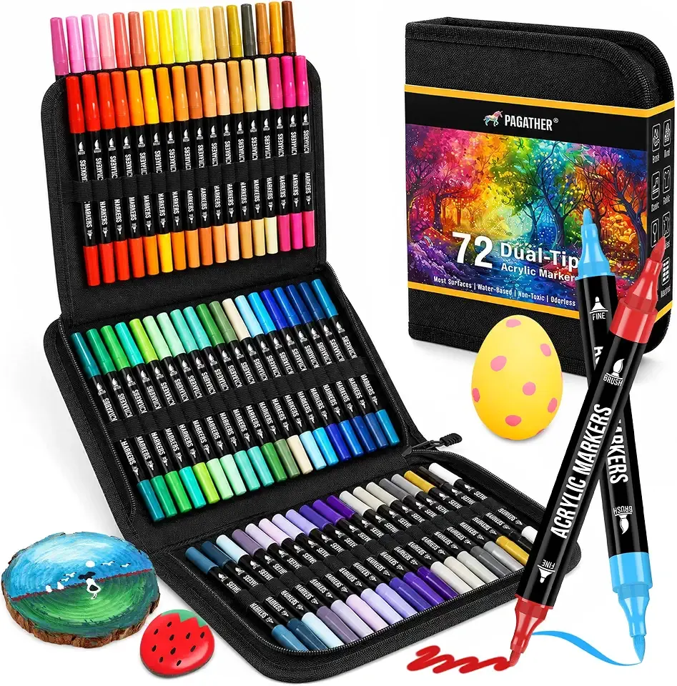 Pagather 72 Colors Acrylic Paint Markers, Dual Tip with Fine Tip and Brush Tip Pens for Stone, Wood, Calligraphy, Canvas, Ceramic, Metal, Glass, Rock Painting, DIY Crafts Art Supplies Kit