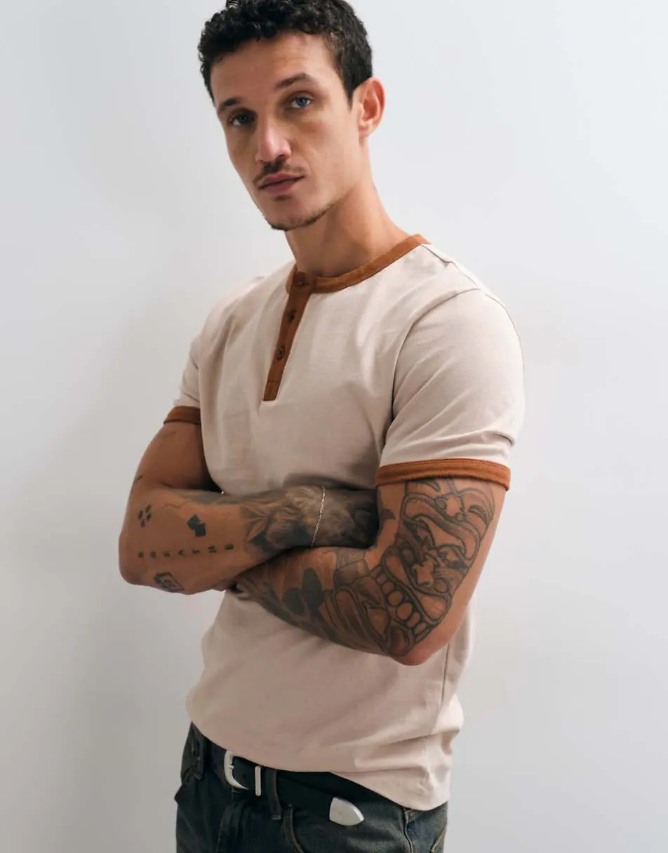 ASOS DESIGN slim ringer henley t-shirt in washed beige