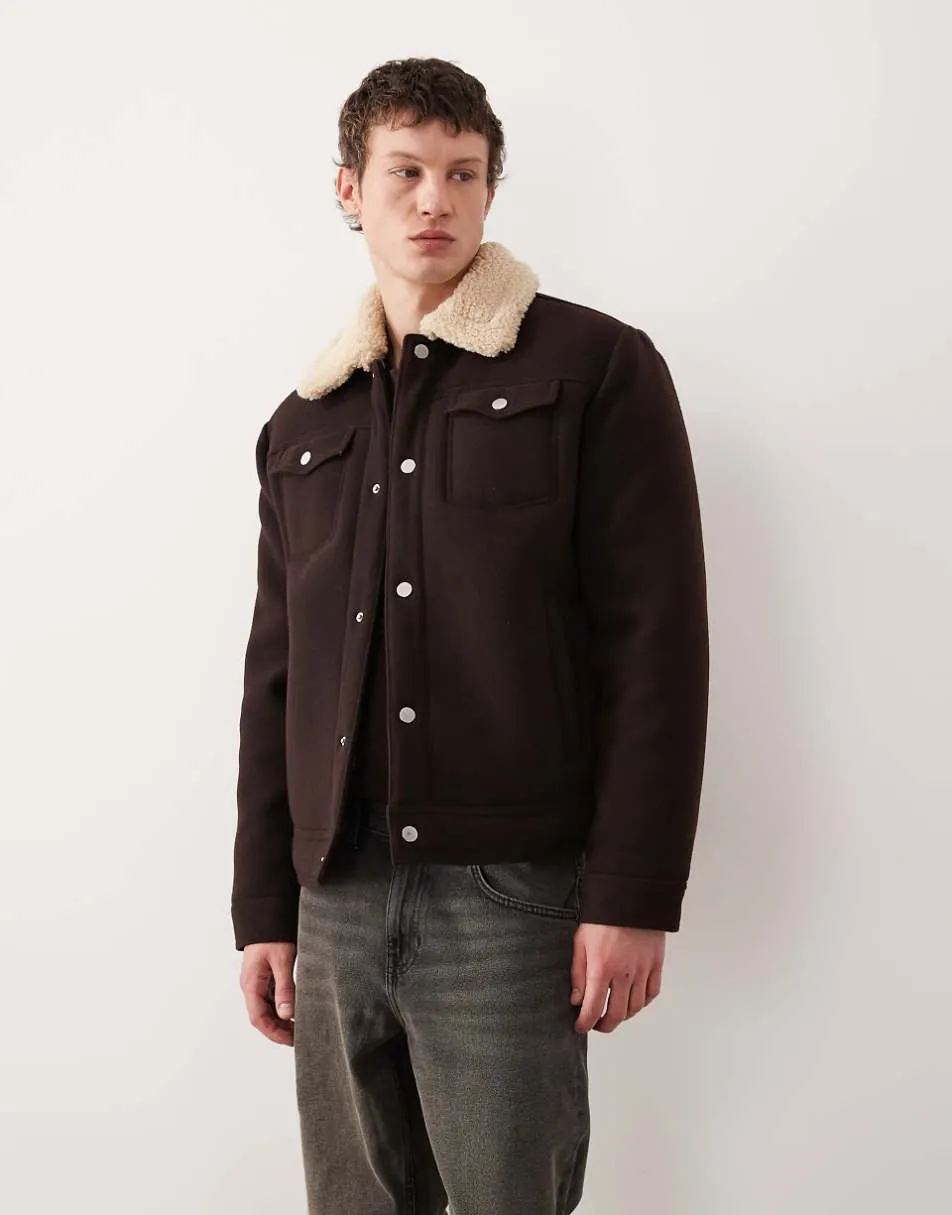 ASOS DESIGN relaxed wool look harrington jacket with borg lining in brown