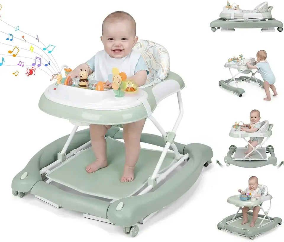 5 in 1 Baby Walker, Music and Lights Foldable Baby Walker with Wheels, 3 Adjustable Heights, with Bouncer Combo, Rocker, Activity Walker for Baby Boy and Girl 6-18 Months (Green)