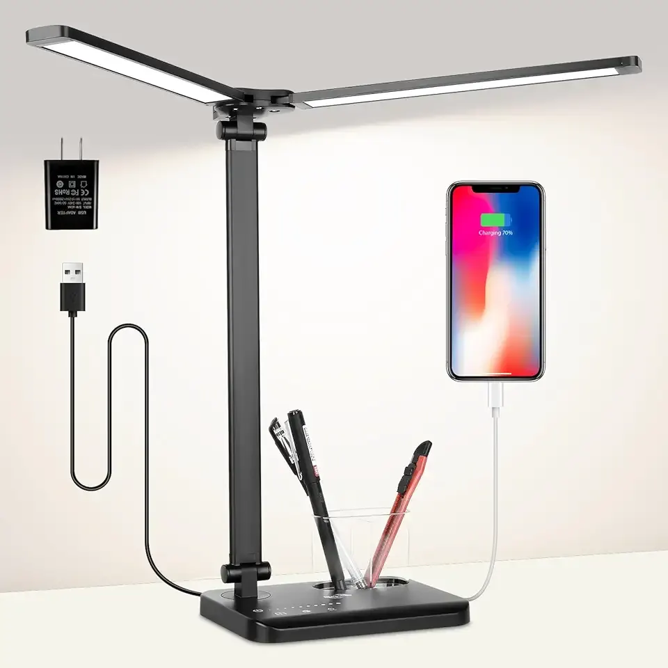 LED Desk Lamp with Dual Heads – 5 Colour Modes & 10 Brightness Levels, Adjustable Reading Light for Home Office, Bedroom, Study, and Craft (Black, Includes Adapter)