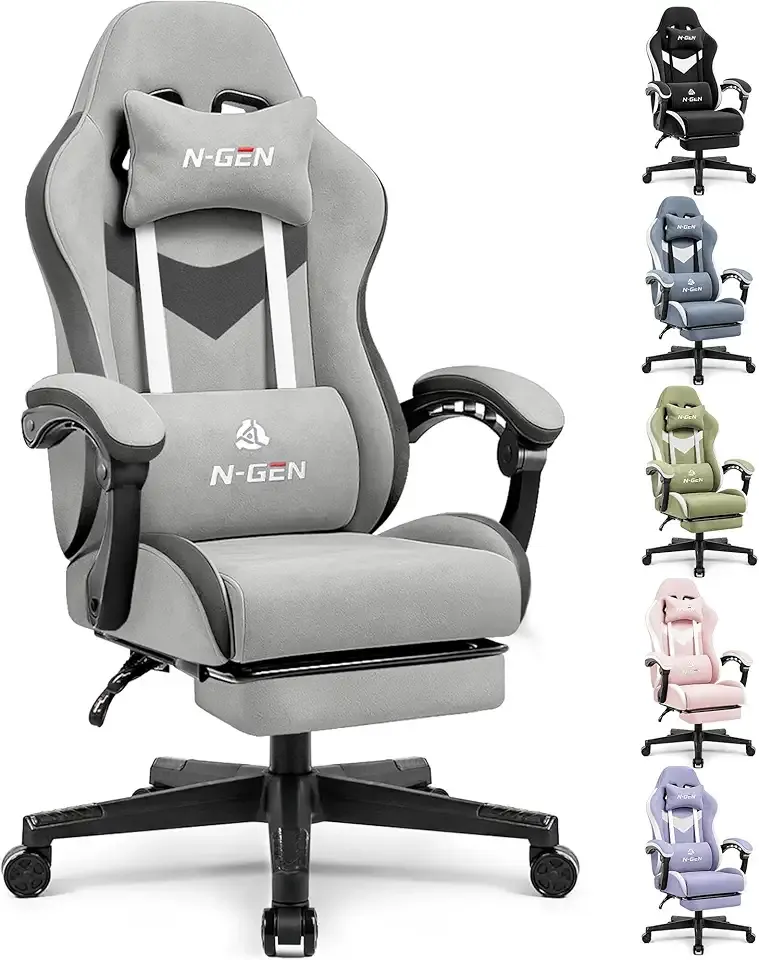 N-GEN GAMING Video Gaming Chair Office Computer Desk Use Ergonomic Reclining Backrest Adjustable Armrests Lumbar Support Footrest High Density Foam Breathable Fabric Heavy Duty Base (Grey)