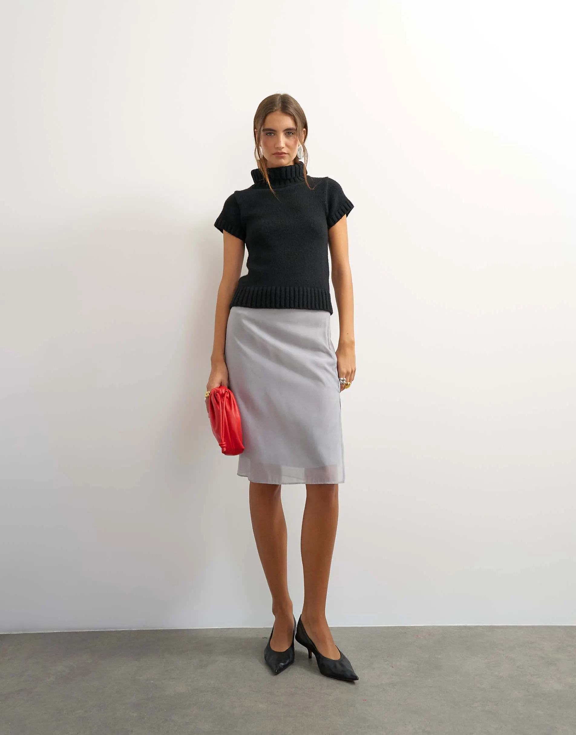 Topshop knitted ribbed funnel neck chunky short sleeve top in black