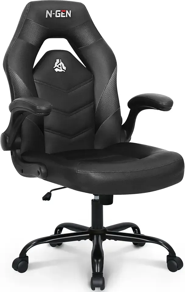 N-GEN Video Gaming Chair Ergonomic Computer Desk Office Chair with Lumbar Support Adjustable Height Swivel Wheels Flip-Up Arms PU Leather Home and Office (Black)