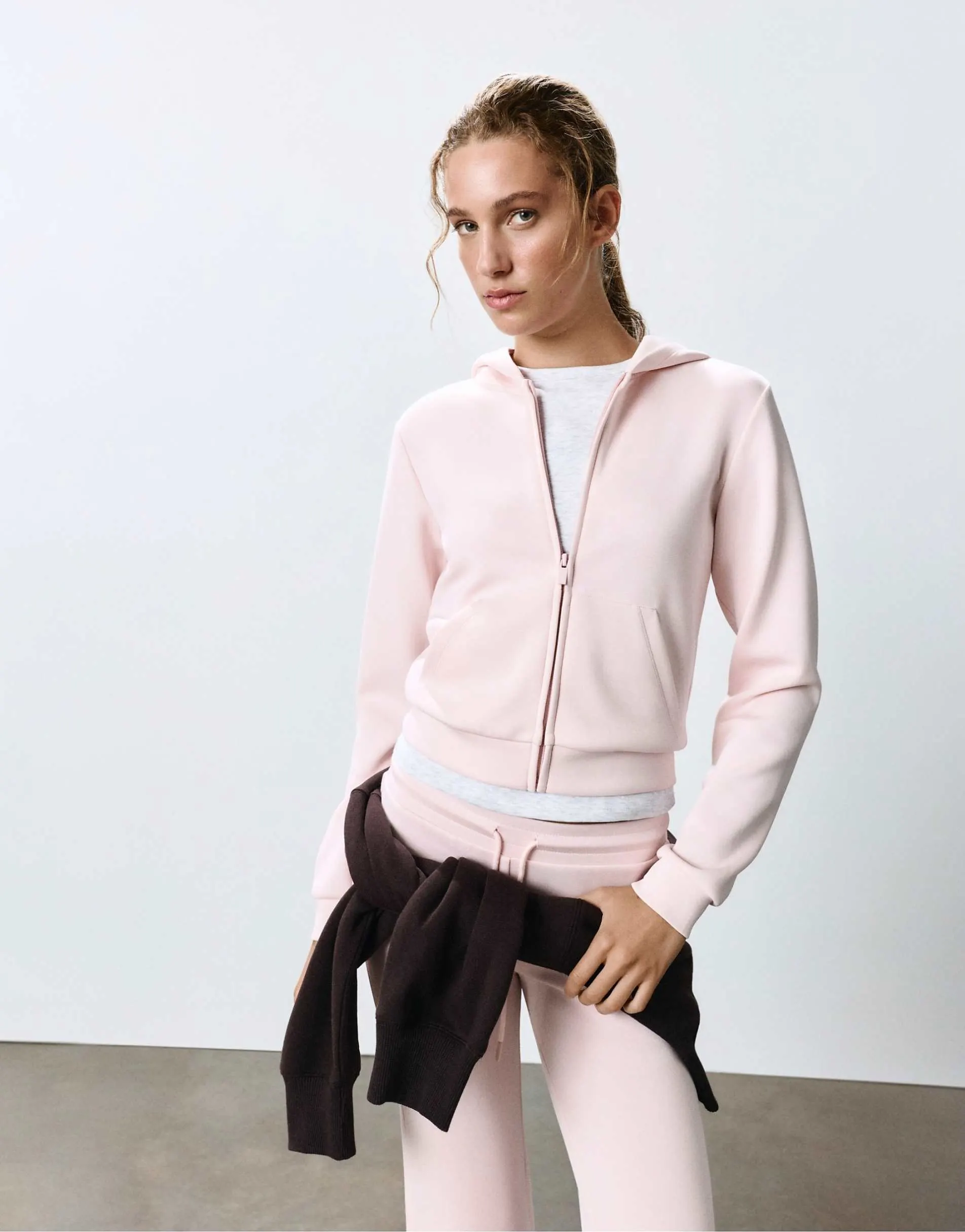 Pull&Bear Zip-up hooded sweatshirt in rose pink