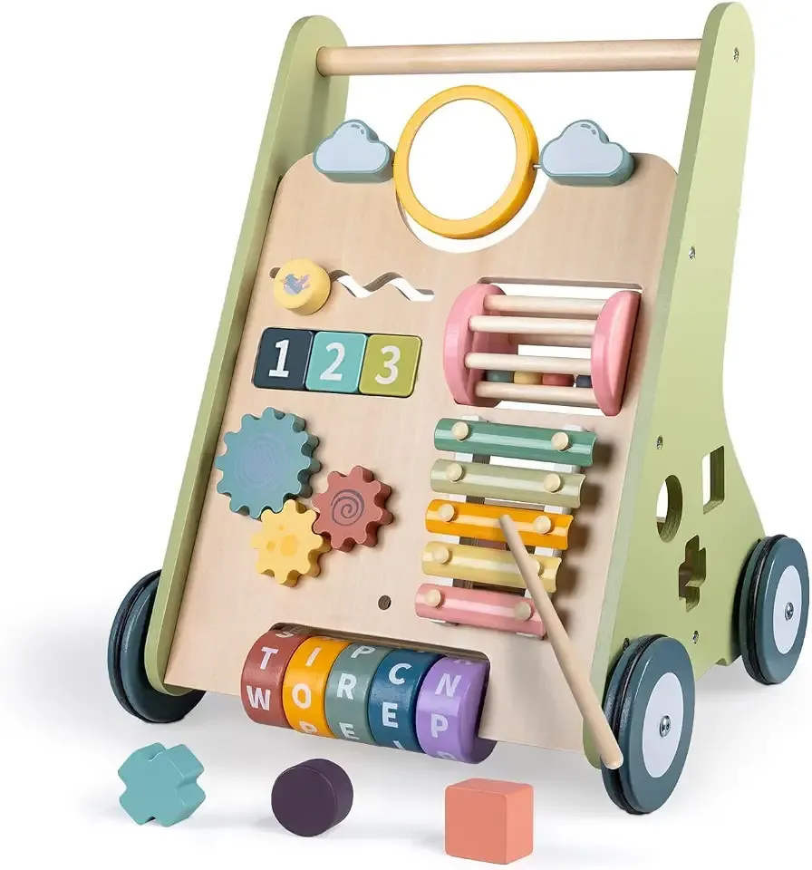 LOL-FUN Wooden Baby Walker with Wheels, Push Toy for Boys Girls 12 Months