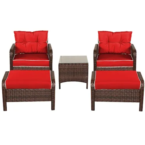 5 PCS Patio Rattan Furniture Set Sofa Ottoman Table Cushioned Yard Red