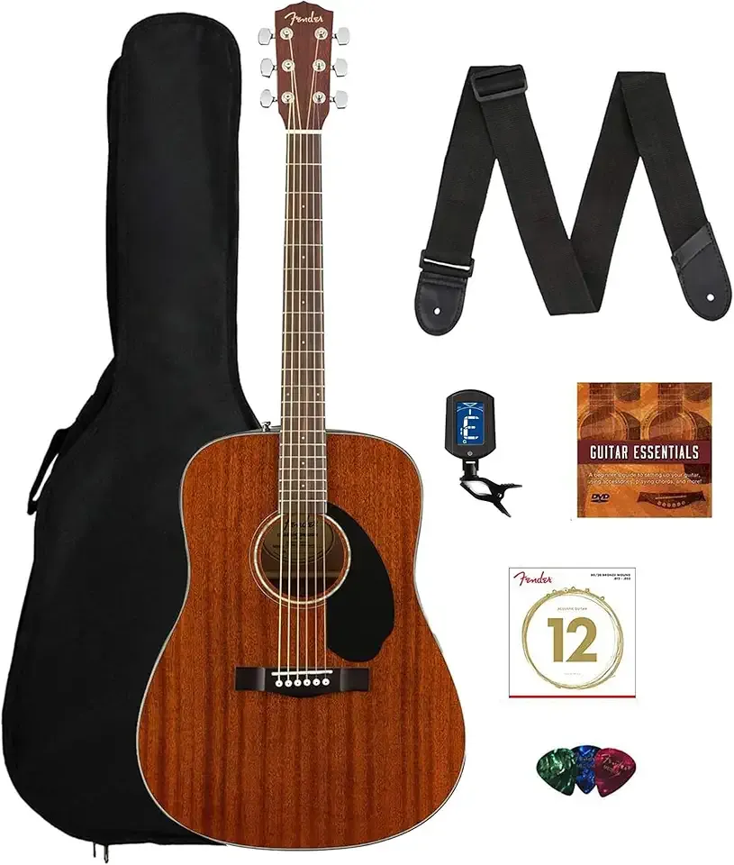Fender CD-60S Solid Top Dreadnought Acoustic Guitar - All Mahogany Bundle with Gig Bag, Tuner, Strap, Strings, Picks, and Austin Bazaar Instructional DVD