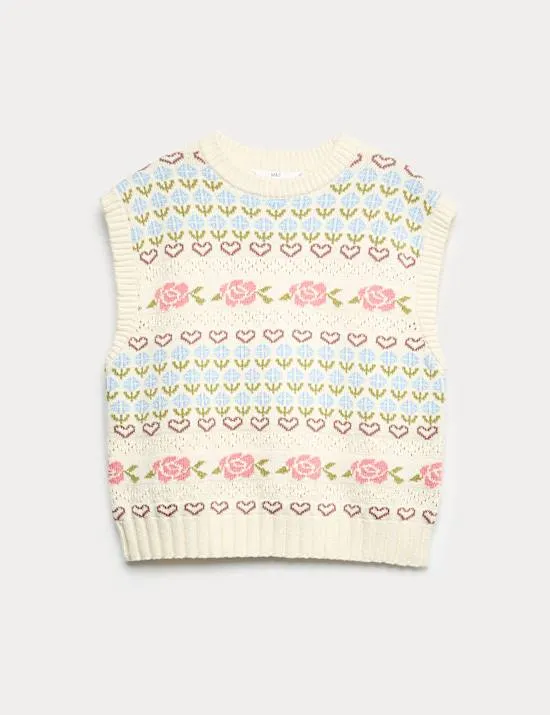 Pure Cotton Floral Knitted Vest (6-16 Yrs)
