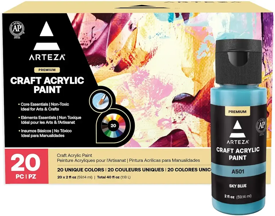 ARTEZA Craft Acrylic Paint Set, Water-Based Acrylic Craft Paint, Matte Finish Artist Paints, Art Supplies for Glass, Wood, Ceramics, Fabrics, Leather