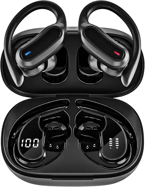 Wireless Earbuds Bluetooth Headphones, 54H Playtime Stereo Over Ear Buds with ENC Noise Cancelling, LED Power Display, IPX7 Waterproof Sport Earphones with Earhooks for Running/Workouts (Black)