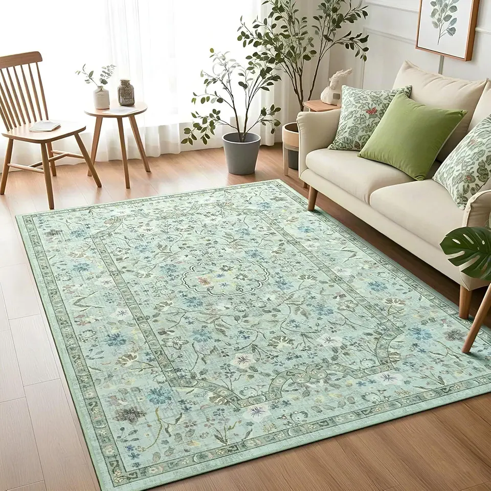 Vasofe 3x5 Area Rug for Bedroom, Washable Rugs for Living Room, Laundry, Kitchen, Vintage Floral Indoor Non Slip Carpet Farmhouse Green Throw Carpets Soft Low Pile Mat for Dorm Bedside Entryway Office