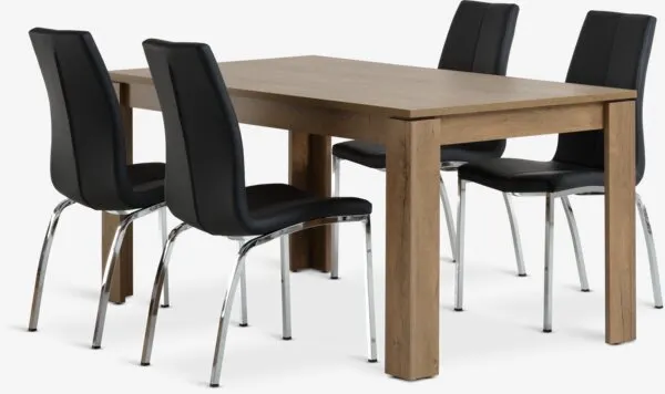 VEDDE + HAVNDAL VEDDE L160 tafel wild d. eiken + 4 HAVNDAL stoelen zwart