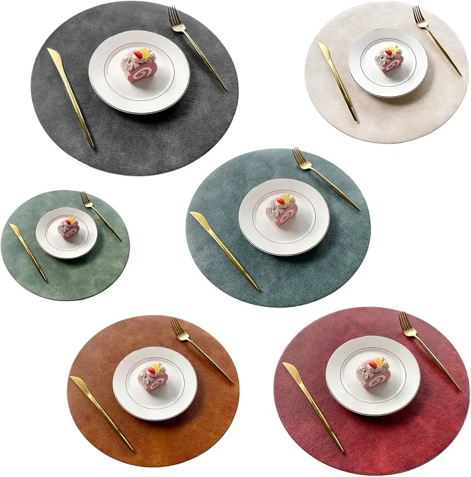 UnivoColors Placemats Round Faux Leather Placemats Set of 6-Waterproof-Wipe Clean-Heat Resistant-Anti Slip Dining Table Place Mats,15".(Dark Gray+Blue Grey+Green+Reddish Brown+Red+Beige)