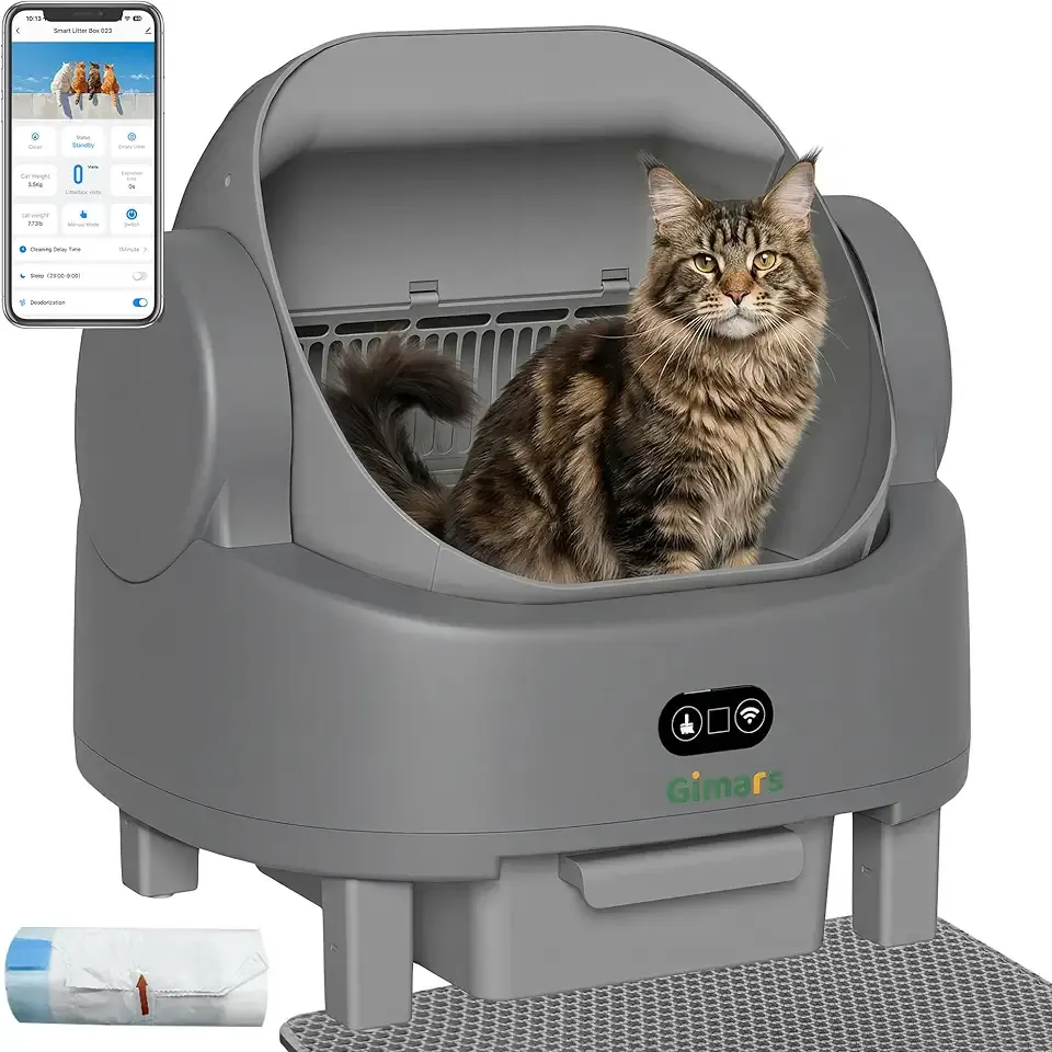 Gimars Open Top Design Self Cleaning Litter Box, Automatic Cat Litter Box for Multiple Cats & Senior Cats, App Control with Safety Sensors, Low Odor, Includes Trash Bags & Litter Mat