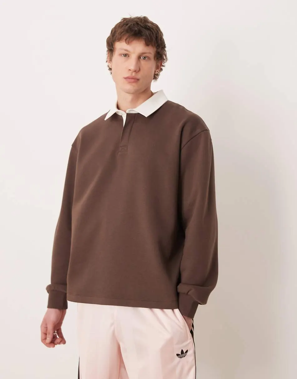 ASOS DESIGN oversized rugby polo with contrast collar in brown