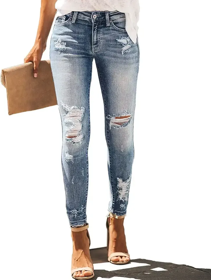 Women's High Rise Skinny Stretch Ripped Jeans High Waisted Destroyed Denim Pants