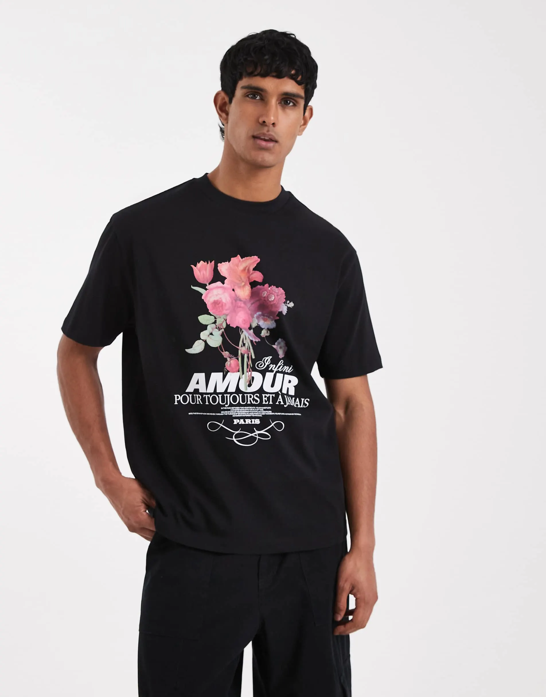 ASOS DESIGN heavyweight relaxed t-shirt with floral text graphic in black