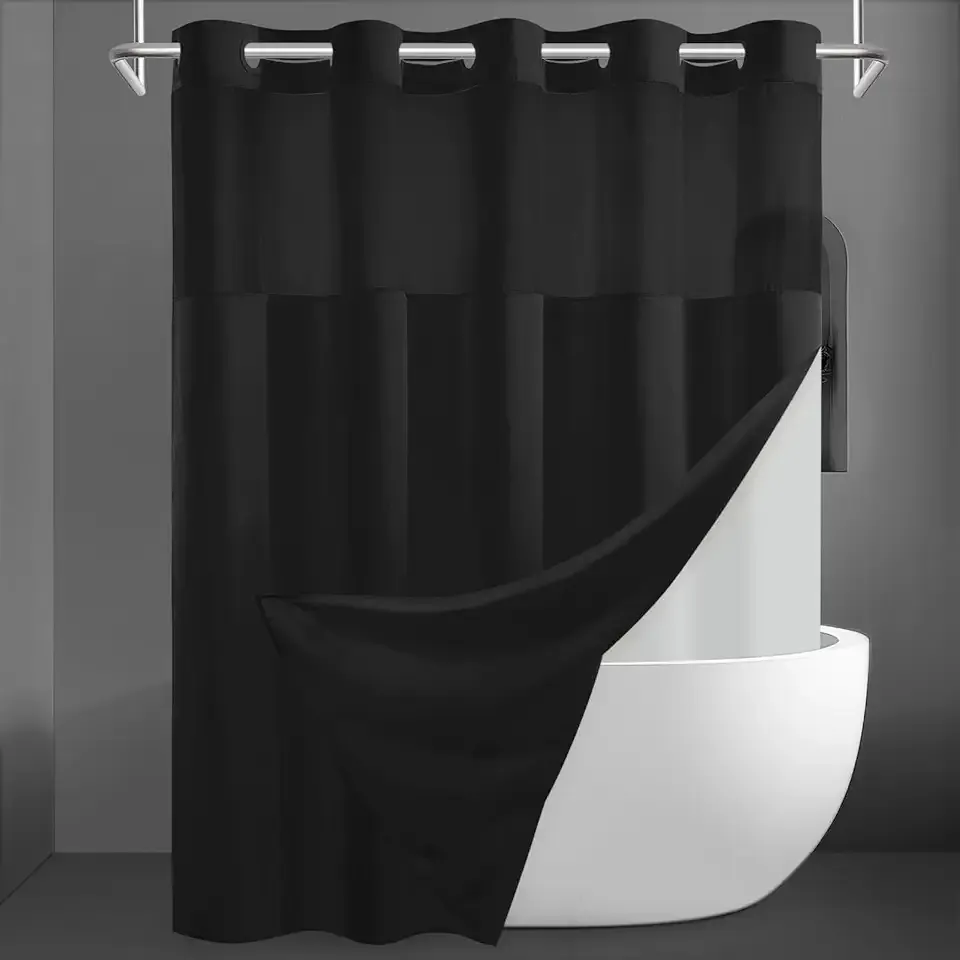 No Hook Slub Textured Shower Curtain with Snap in Liner - Black Fabric Outer Curtain & Waterproof Inner Liner, Hotel Style with See Through Top Window, 71x74 in