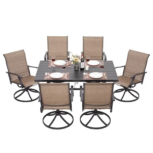 Nuu Garden Brown 7-Piece Textilene and Iron Outdoor Dining Set, 6 Swivel Chairs and Rectangle Dining Table