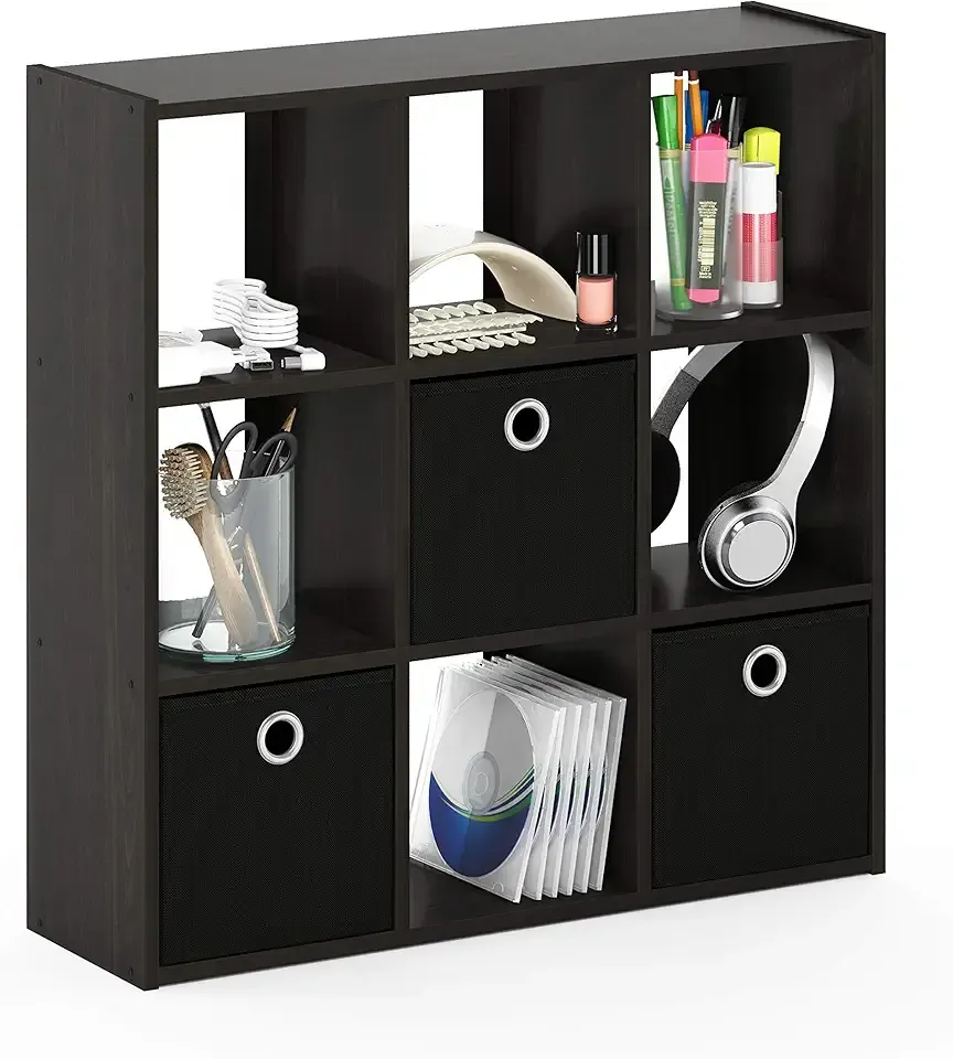 Furinno Simplistic 9-Cube Organizer with Bins, Small Size (Assembled unit dimensions : 7.9"D x 26.5"W x 26.7"H inches), Espresso/Black