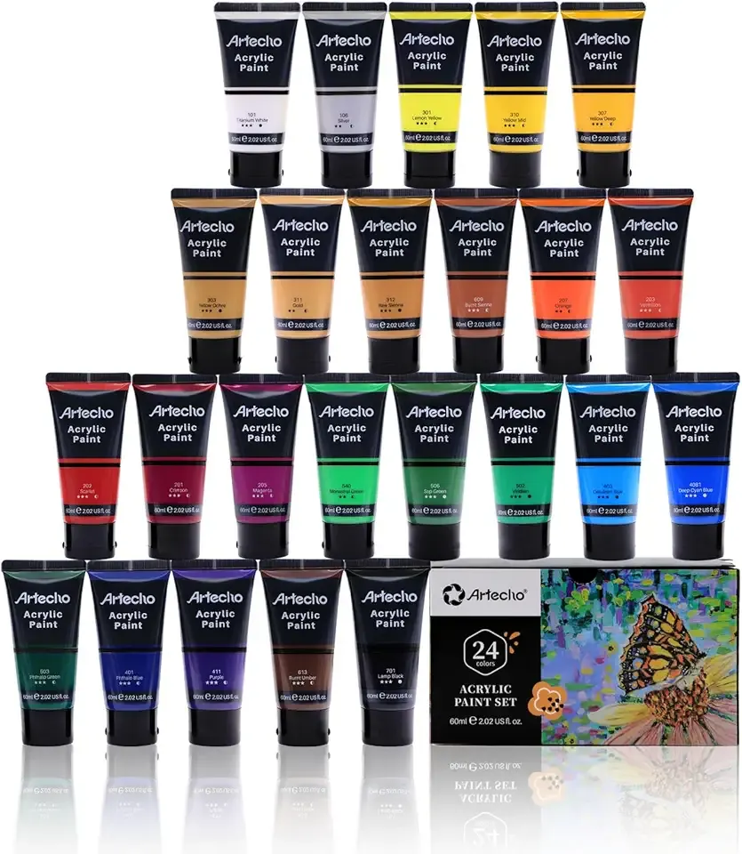 Artecho Professional Acrylic Paint Set, 24 Basic Colors Tubes (60ml / 2.02oz) Art Craft Paints for Canvas, Rock, Wood, Fabric, Art Supplies