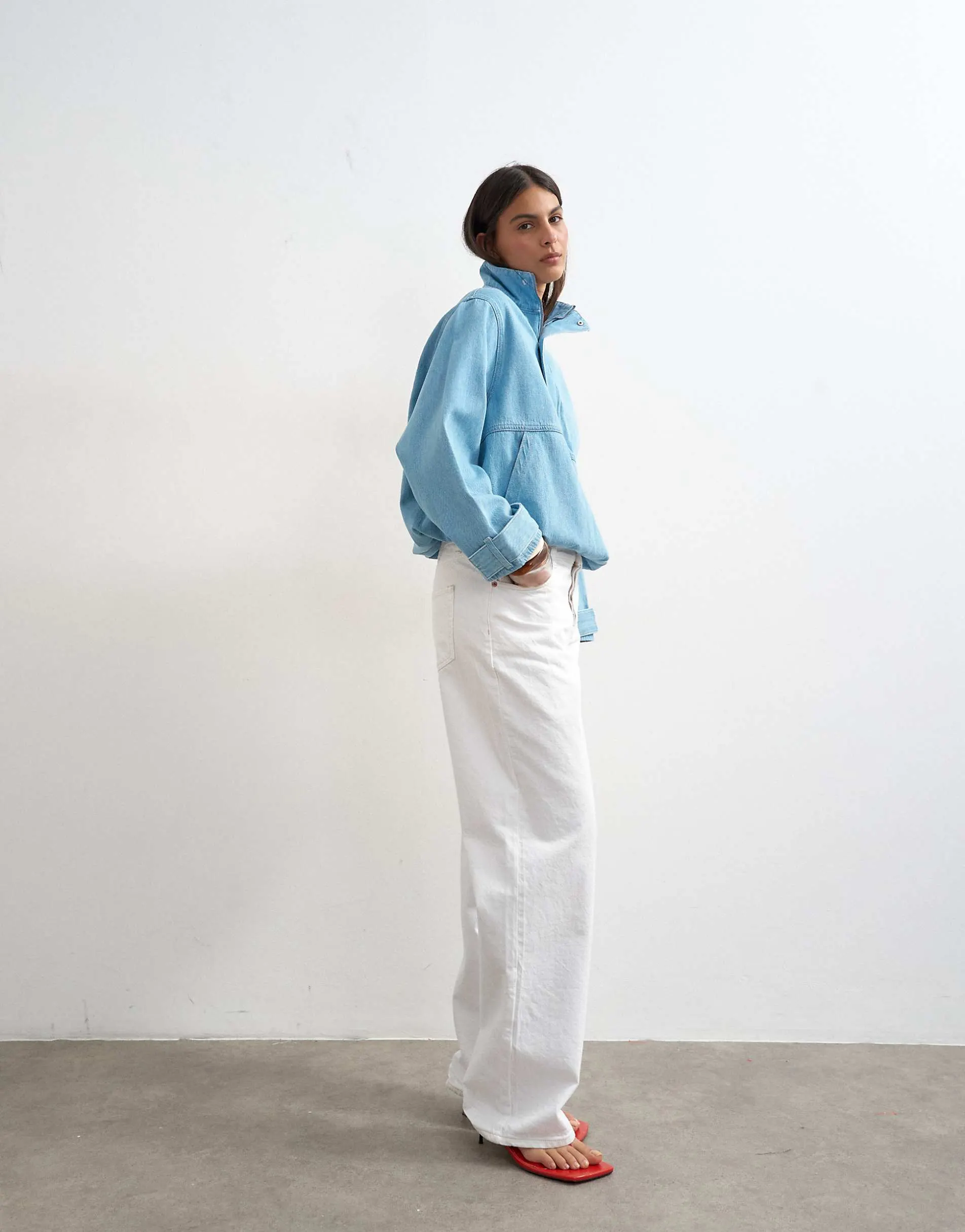 Topshop denim funnel neck bubble hem top in bleach