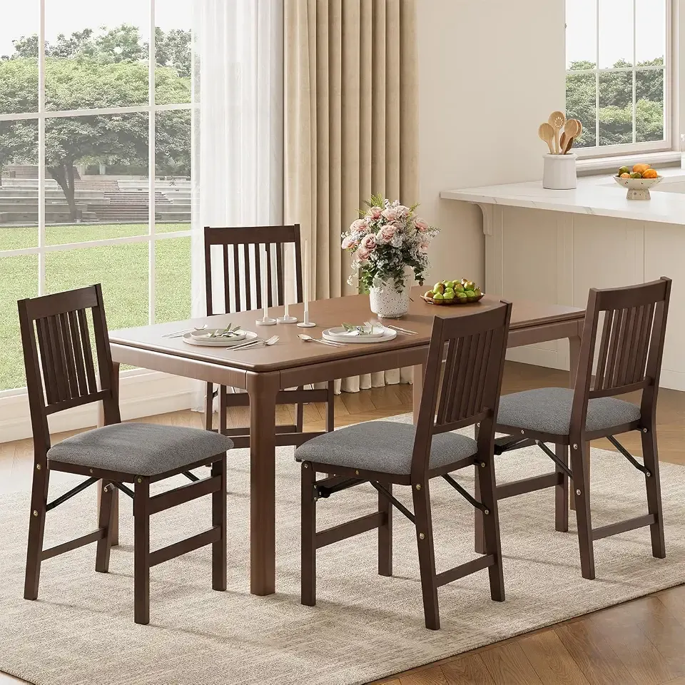 Folding Wood Dining Chairs Set of 4 – No Assembly, Dark Gray Fabric Cushion | Foldable Dining Room Chairs with Upholstered Cushion, Space Saving Kitchen Room Furniture for Small Spaces