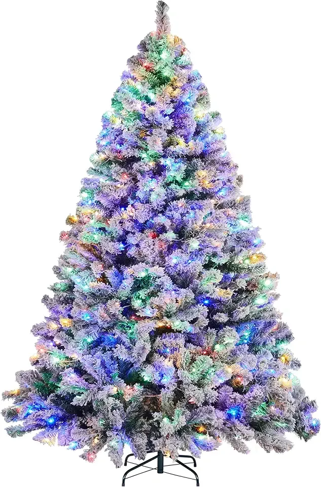 Yaheetech 6ft Pre-lit Spruce Artificial Christmas Tree Snow Flocked Hinges Tree with 250 Multicolor LED Lights & 820 Branch Tips & Metal Stand for Home, Office, Party Decoration, Green & White